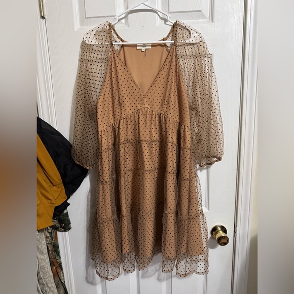 entro Dresses & Skirts - Entro Tan Polka Dot Long Sleeve Dress with Sheer Sleeves